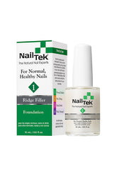 A 0.5 ounce bottle of Nail Tek Foundation 1 with white brush cap with its retail box packaging  to its right